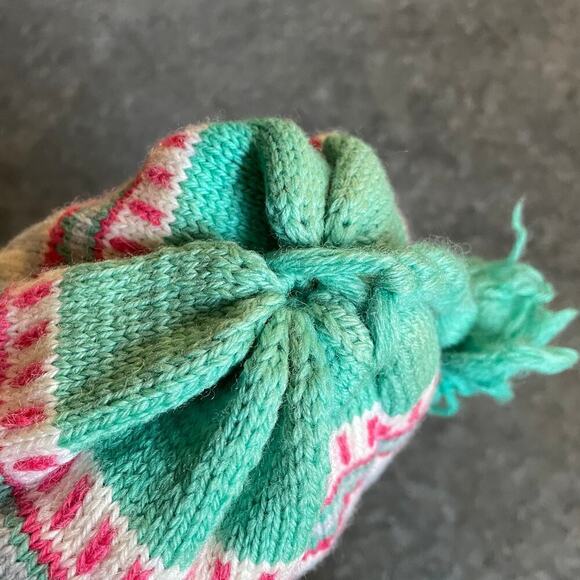 Vintage Fair Isle Wool USA Beanie Hat Cap Mint Green Pink Pom Pom Kidcore Candy - Picture 4 of 8